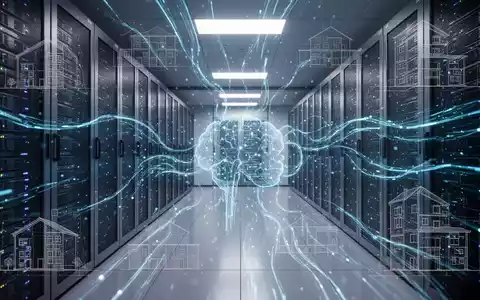 Ein futuristischer Serverraum mit leuchtenden blauen Datenströmen, die KI und digitale Zwillinge darstellen, überlagert mit architektonischen Bauplänen. - Foto: über boerse-global.de