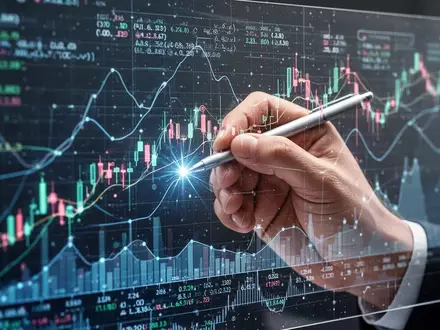 Eine Nahaufnahme einer menschlichen Hand, die Finanzdaten auf einem transparenten Bildschirm überprüft, mit KI-Charts im Hintergrund. - Foto: über boerse-global.de