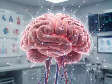 Eine digitale Darstellung eines menschlichen Gehirns mit leuchtenden neuronalen Netzen und Blutgefäßen, die Schlaganfallprävention symbolisieren. - Foto: über boerse-global.de