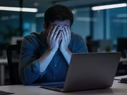 Eine Person vergräbt ihr Gesicht in den Händen vor einem leuchtenden Laptop-Bildschirm, was Erschöpfung am Arbeitsplatz symbolisiert. - Foto: über boerse-global.de