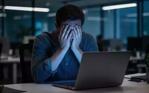 Eine Person vergräbt ihr Gesicht in den Händen vor einem leuchtenden Laptop-Bildschirm, was Erschöpfung am Arbeitsplatz symbolisiert. - Foto: über boerse-global.de