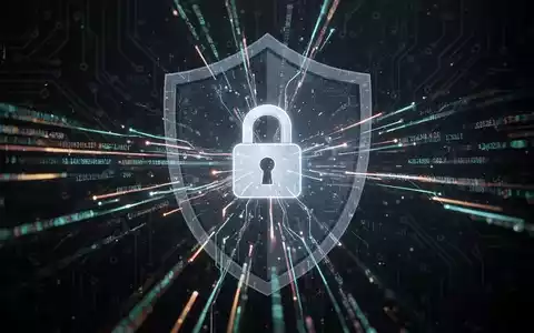 Abstraktes Bild eines leuchtenden digitalen Vorhängeschlosses, umgeben von Datenströmen und einem Schild, das Datensicherheit und Kontoschutz symbolisiert. - Foto: über boerse-global.de