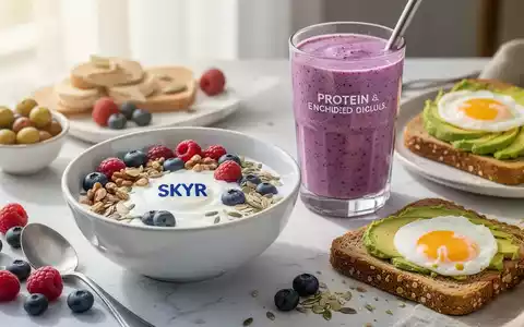Ein ansprechend angerichtetes, proteinreiches Frühstück mit Skyr, Beeren, Nüssen und einem Protein-Smoothie. - Foto: über boerse-global.de
