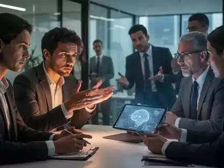 Menschen in einem modernen Büro, die interagieren, während im Hintergrund ein Tablet eine KI-Oberfläche anzeigt. Die Beleuchtung ist kontrastreich. - Foto: über boerse-global.de
