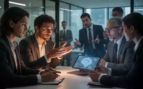Menschen in einem modernen Büro, die interagieren, während im Hintergrund ein Tablet eine KI-Oberfläche anzeigt. Die Beleuchtung ist kontrastreich. - Foto: über boerse-global.de