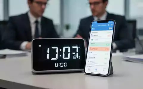 Nahaufnahme einer digitalen Zeiterfassungsuhr oder Smartphone-App mit verschwommenem Bürohintergrund, die Arbeitszeit und Gehalt symbolisiert. - Foto: über boerse-global.de
