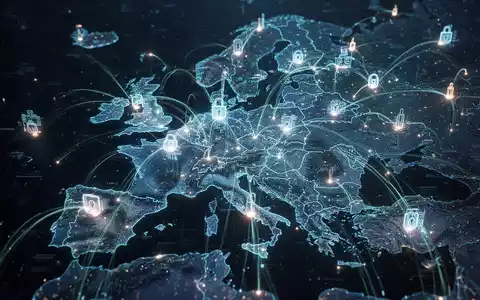 Abstrakte Darstellung digitaler Souveränität, mit leuchtenden Knoten, die eine Europakarte bilden und Datenströme symbolisieren. - Foto: über boerse-global.de