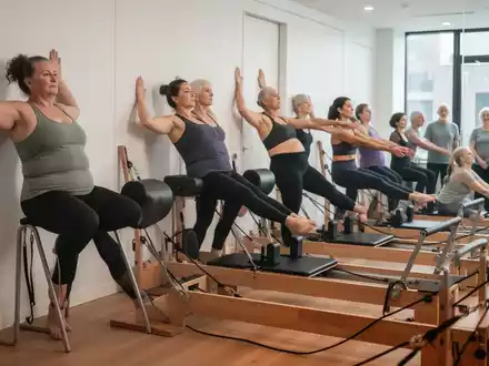 Eine Gruppe von Menschen unterschiedlichen Alters und Körpertyps, die Pilates-Übungen ausführen, einige an der Wand, andere am Reformer. - Foto: über boerse-global.de