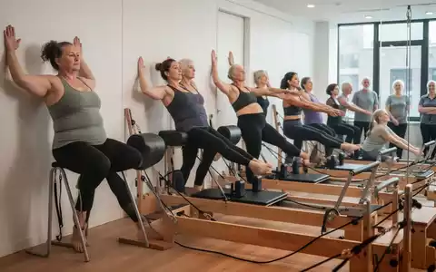 Eine Gruppe von Menschen unterschiedlichen Alters und Körpertyps, die Pilates-Übungen ausführen, einige an der Wand, andere am Reformer. - Foto: über boerse-global.de