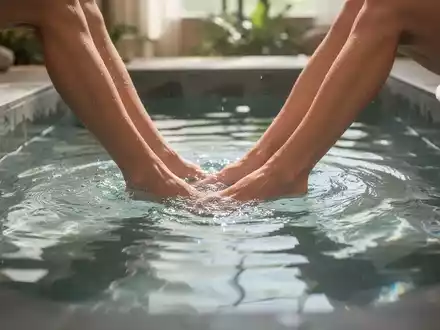 Ein Paar Beine in einem Kneipp-Becken, die Füße und Waden sind von klarem, kühlem Wasser umspült, um Hitzestau zu lindern. - Foto: über boerse-global.de