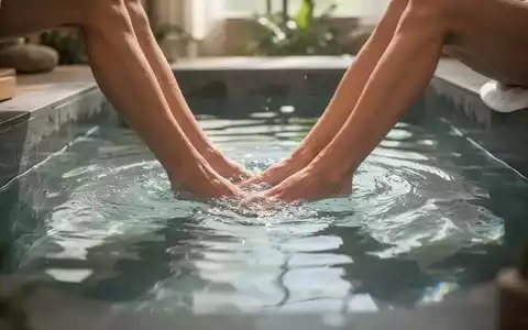 Ein Paar Beine in einem Kneipp-Becken, die FĂŒĂe und Waden sind von klarem, kĂŒhlem Wasser umspĂŒlt, um Hitzestau zu lindern. - Foto: ĂŒber boerse-global.de