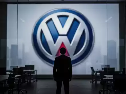 Eine einzelne, stilisierte Figur vor einem verschwommenen Volkswagen-Logo, das Personalabbau symbolisiert. - Foto: über boerse-global.de