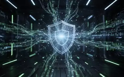 Abstrakte Darstellung von Cybersicherheit mit leuchtendem digitalem Code, der in einen zentralen Knoten fließt, geschützt in einer dunklen High-Tech-Umgebung. - Foto: über boerse-global.de