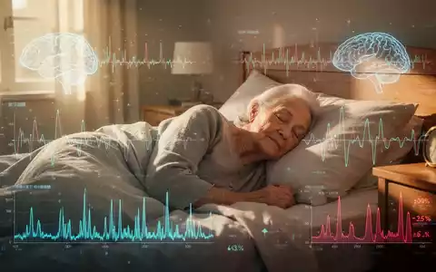Eine ältere Person schläft friedlich in einem sonnigen Schlafzimmer mit subtilen Datenüberlagerungen zu Gehirnaktivität und Gesundheitsmetriken. - Foto: über boerse-global.de