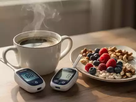 Eine Tasse Kaffee neben einem Blutzuckermessgerät und einem gesunden Frühstückssnack im sanften Morgenlicht. - Foto: über boerse-global.de