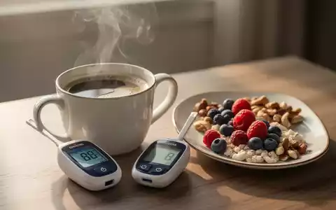 Eine Tasse Kaffee neben einem Blutzuckermessgerät und einem gesunden Frühstückssnack im sanften Morgenlicht. - Foto: über boerse-global.de