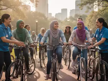 Eine Gruppe von Frauen mit unterschiedlichem Hintergrund lernt in einem Stadtpark Fahrradfahren, angeleitet von Freiwilligen. - Foto: über boerse-global.de