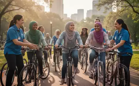 Eine Gruppe von Frauen mit unterschiedlichem Hintergrund lernt in einem Stadtpark Fahrradfahren, angeleitet von Freiwilligen. - Foto: über boerse-global.de