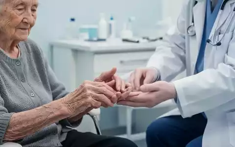 Nahaufnahme der Hand eines Ă€lteren Patienten, die von einer medizinischen Fachkraft untersucht wird, um Anzeichen von Gebrechlichkeit zu erkennen. - Foto: ĂŒber boerse-global.de