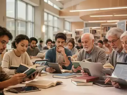 Eine Gruppe von Menschen unterschiedlichen Alters, die in einer modernen Bibliothek oder einem Lernraum lesen und studieren. - Foto: über boerse-global.de