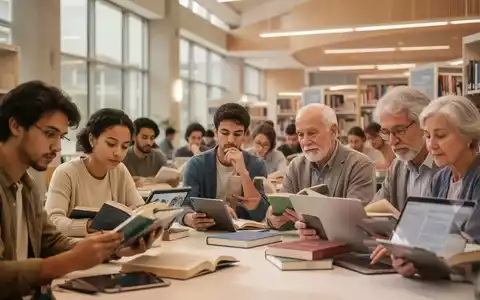 Eine Gruppe von Menschen unterschiedlichen Alters, die in einer modernen Bibliothek oder einem Lernraum lesen und studieren. - Foto: über boerse-global.de