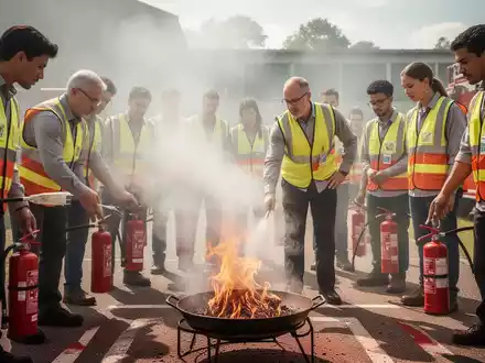 Teilnehmer einer Brandschutzhelfer-Ausbildung löschen mit Feuerlöschern einen Übungsbrand unter Anleitung eines Ausbilders. - Foto: über boerse-global.de