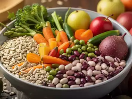 Eine Nahaufnahme einer Schale mit Vollkornprodukten, Gemüse, Hülsenfrüchten und Obst mit Schale, die Ballaststoffe symbolisieren. - Foto: über boerse-global.de