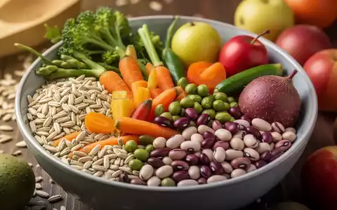 Eine Nahaufnahme einer Schale mit Vollkornprodukten, Gemüse, Hülsenfrüchten und Obst mit Schale, die Ballaststoffe symbolisieren. - Foto: über boerse-global.de