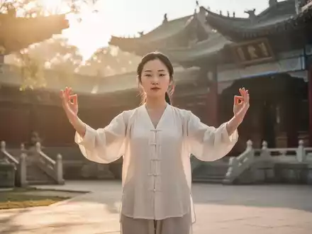 Junge Chinesin praktiziert Qigong im Freien, sonnenbeschienen, vor traditioneller chinesischer Architektur. Ruhige Atmosphäre. - Foto: über boerse-global.de