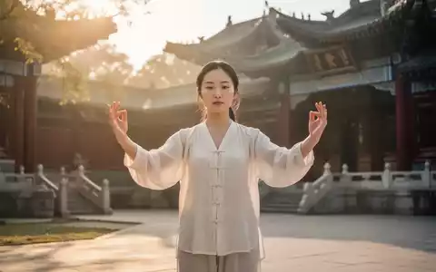 Junge Chinesin praktiziert Qigong im Freien, sonnenbeschienen, vor traditioneller chinesischer Architektur. Ruhige Atmosphäre. - Foto: über boerse-global.de