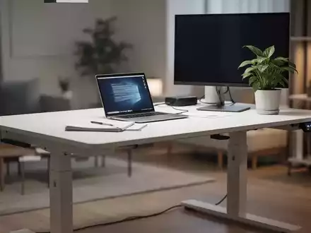 Ein minimalistisches Home-Office mit einem elektrisch höhenverstellbaren Schreibtisch, Laptop und Monitor, das Ergonomie und Produktivität symbolisiert. - Foto: über boerse-global.de