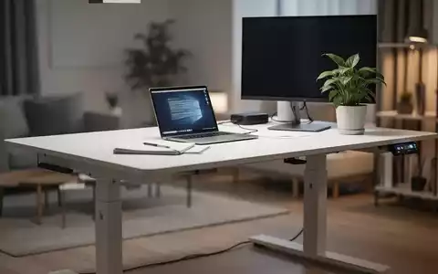 Ein minimalistisches Home-Office mit einem elektrisch höhenverstellbaren Schreibtisch, Laptop und Monitor, das Ergonomie und Produktivität symbolisiert. - Foto: über boerse-global.de