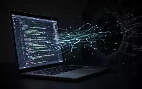 Ein abstraktes Bild von digitalen Datenströmen, die von einem Laptop-Bildschirm in eine dunkle Leere fließen, symbolisiert Spionage und Datenschutzbedenken. - Foto: über boerse-global.de