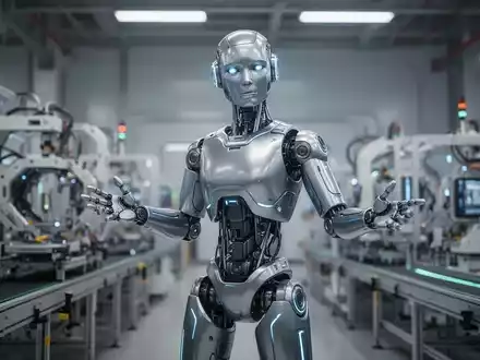 Ein eleganter, fortschrittlicher humanoider Roboter in einer futuristischen Industrieumgebung. - Foto: über boerse-global.de