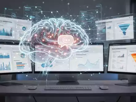 Leuchtendes, stilisiertes neuronales Netz-Gehirn mit Chatblasen-Symbol, verbunden mit Bildschirmen, die Website-Analysen und Konversionsdaten anzeigen. - Foto: über boerse-global.de