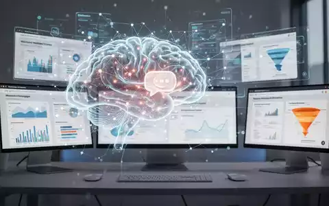Leuchtendes, stilisiertes neuronales Netz-Gehirn mit Chatblasen-Symbol, verbunden mit Bildschirmen, die Website-Analysen und Konversionsdaten anzeigen. - Foto: über boerse-global.de