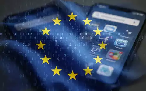 Digitale EU-Flagge mit Binärcode, Symbol für KI-Regulierung, über unscharfem Smartphone-Interface. - Foto: über boerse-global.de
