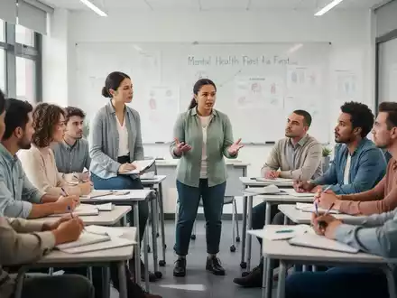 Eine vielfältige Gruppe von Menschen nimmt an einem psychischen Erste-Hilfe-Kurs teil, der eine unterstützende Lernumgebung zeigt. - Foto: über boerse-global.de