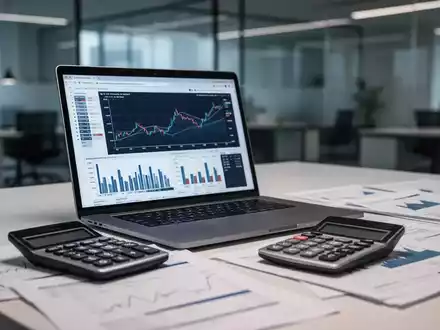 Ein Schreibtisch mit Laptop, der Finanzdiagramme anzeigt, einem Taschenrechner und Finanzdokumenten, die eine analytische Arbeitsumgebung darstellen. - Foto: über boerse-global.de