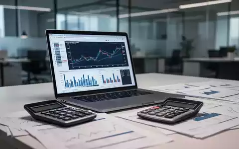 Ein Schreibtisch mit Laptop, der Finanzdiagramme anzeigt, einem Taschenrechner und Finanzdokumenten, die eine analytische Arbeitsumgebung darstellen. - Foto: über boerse-global.de