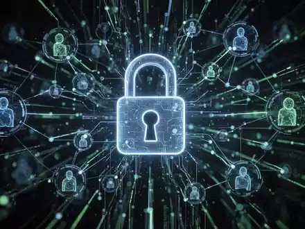 Ein digitales Vorhängeschloss-Symbol über einem komplexen Netzwerk aus leuchtenden Datenströmen und verbundenen Knoten, das KI-Sicherheitsrisiken symbolisiert. - Foto: über boerse-global.de