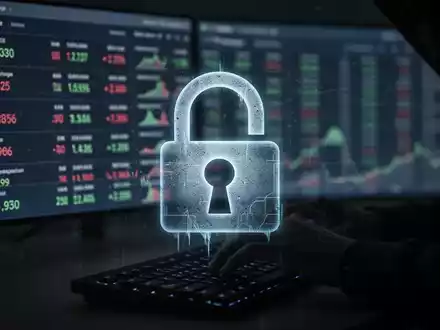 Digitales Schloss-Symbol über verschwommenen Krypto-Charts und tippender Person, Symbol für Krypto-Betrug und Malware. - Foto: über boerse-global.de