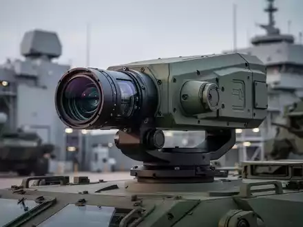 Nahaufnahme eines modernen elektrooptischen Sensorsystems auf einem Militärfahrzeug mit verschwommenem Hintergrund einer Hightech-Verteidigungsanlage. - Foto: über boerse-global.de