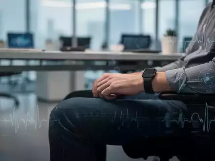 Eine Person sitzt an einem Schreibtisch, Beine und Unterkörper im Fokus, im Hintergrund verschwommen ein Büro. Symbolisiert langes Sitzen. - Foto: über boerse-global.de