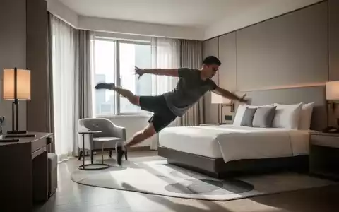 Eine Person macht im Hotelzimmer Liegestütze, im Hintergrund ein Bett und ein Fenster. Fokus auf Fitness auf Reisen. - Foto: über boerse-global.de