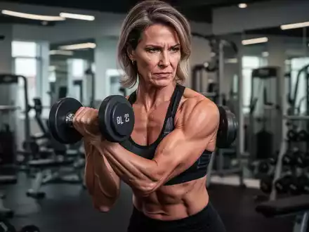 Eine entschlossene Frau mittleren Alters führt in einem modernen Fitnessstudio eine Bizepscurl-Übung mit einer Kurzhantel aus. - Foto: über boerse-global.de