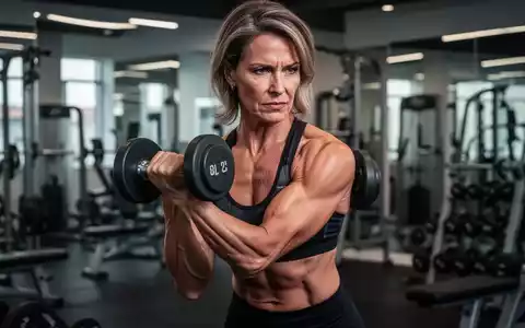 Eine entschlossene Frau mittleren Alters führt in einem modernen Fitnessstudio eine Bizepscurl-Übung mit einer Kurzhantel aus. - Foto: über boerse-global.de
