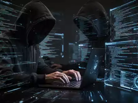 Eine Person im Kapuzenpullover arbeitet an einem Laptop, umgeben von digitalen Schnittstellen und Code, symbolisiert Cyberkriminalität und Datenschutz. - Foto: über boerse-global.de