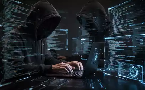Eine Person im Kapuzenpullover arbeitet an einem Laptop, umgeben von digitalen Schnittstellen und Code, symbolisiert Cyberkriminalität und Datenschutz. - Foto: über boerse-global.de