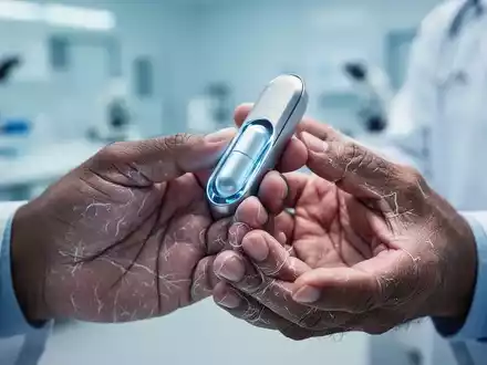 Nahaufnahme der Hände eines Patienten, die ein medizinisches Gerät halten, im Hintergrund unscharfe medizinische Umgebung. Symbolisiert Therapieresistenz und Innovation bei rheumatoider Arthritis. - Foto: über boerse-global.de